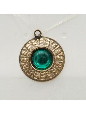 Gold Tone Pendant Green Glass Cabochon Center Round Shape Ornate Design 7/8"